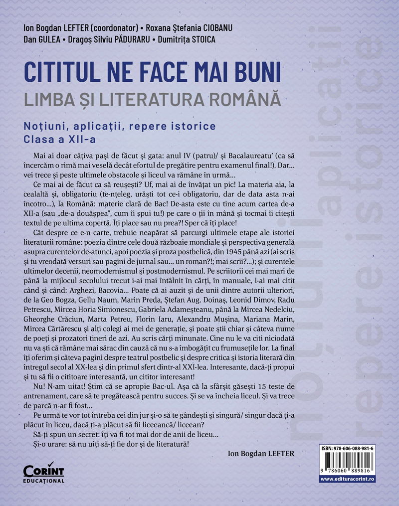 Cititul ne face mai buni. Limba și literatura română. Noțiuni, aplicații, repere istorice. Clasa a XII-a - 1 | YEO